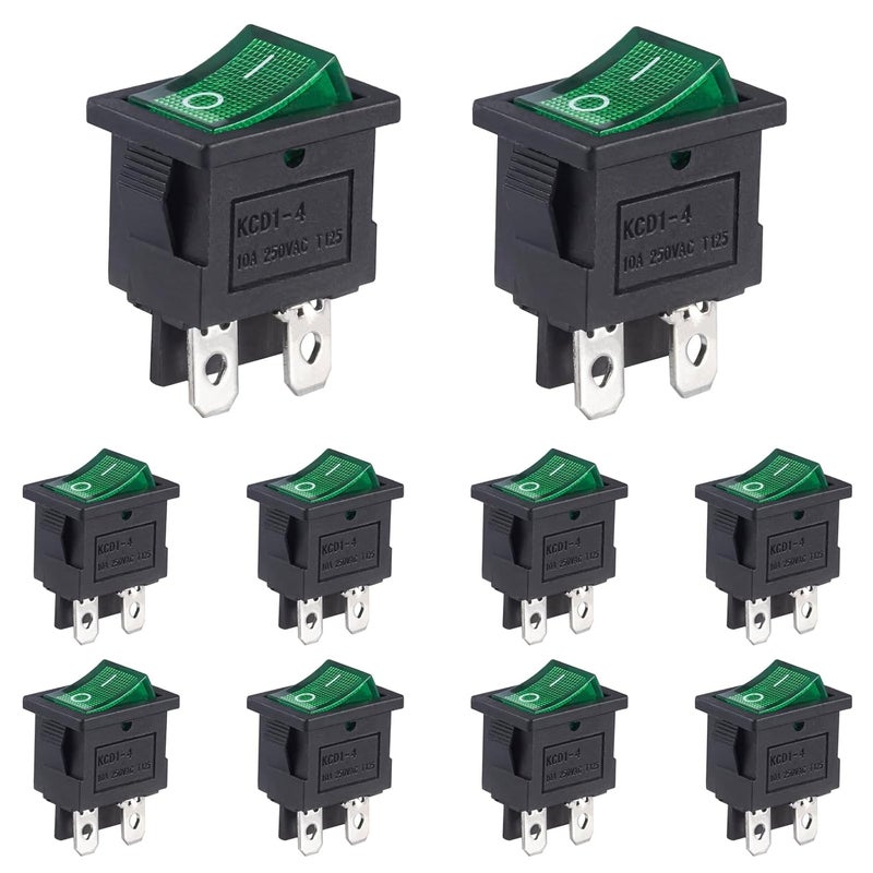VEXUNGA 4 Pin Mini Rocker Switch On Off 10A 250V AC DPDT Lighted Illuminated Boat Rocker Toggle Switch 2 Position KCD1 Snap Square Switches with Green Light for Car Marine (Pack of 10pcs) - Image 1